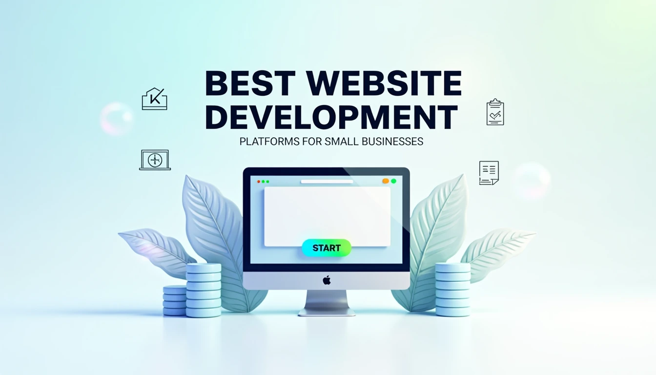 Illustration of a computer screen with the word "Start" on it, surrounded by foliage and icons, promoting the best website development platforms for small businesses.