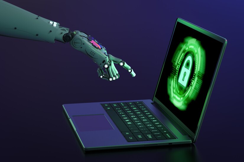 3d rendering robot hand working with security laptop 493806 592