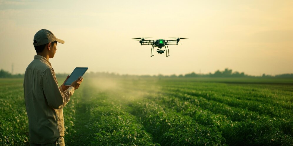 asian farmer holding tablet field agriculture flying 53876 591889