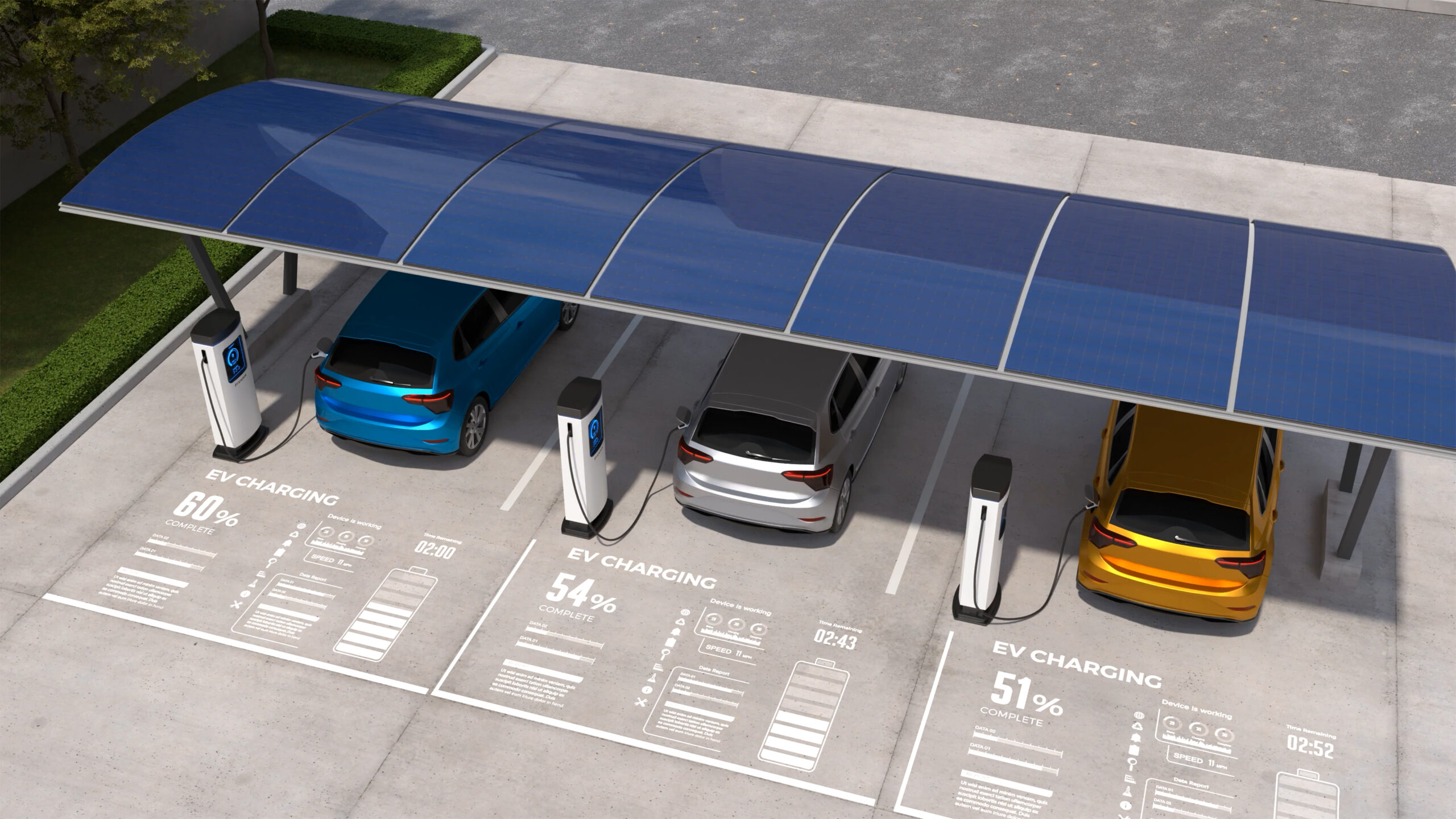 electric cars are being charged vehicle parking with solar panel energy scaled