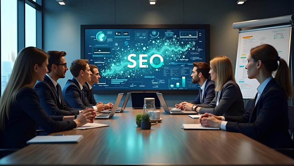 hightech seo marketing brainstorm bright office setting 1328214 18012