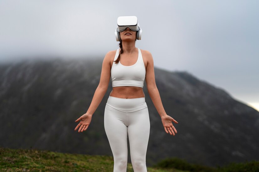 woman exercising outdoors nature with vr glasses 23 2150379672